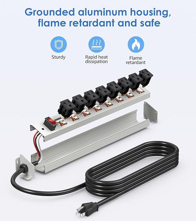 CCCEI Corner Mount Angle Power Strip, Under Cabinet Heavy Duty 8 Outlets Power Strip 20Amp, Metal Underneath Desk Plug Surge Protector, Wall Mountable, for Garage, Shop, Kitchen. 15FT Extension Cord.