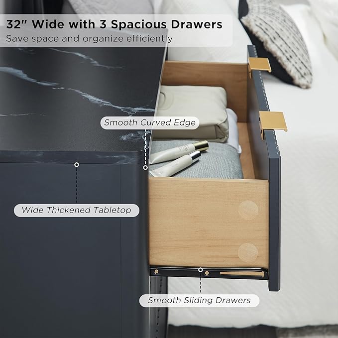 T4TREAM Fluted 3 Drawers Nightstand Set of 2, Oversized Extra Large Modern Side Table with Faux Marble Top, End Table Bedside for Bedroom, Living Room, Curved Profile Design, Dark Grey