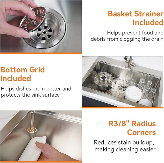 33 x 22 Drop-In/Undermount Kitchen Sink, TECASA Single Bowl Kitchen Sink with Pull Down Faucet, 18-Gauge T-304 Stainless Steel Basin with Accessories