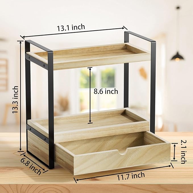 2-Tier Bathroom Organizer Countertop with Drawer, Wood Bathroom Counter Shelf for Storage, Vanity Organizer Countertop for Kitchen, Office