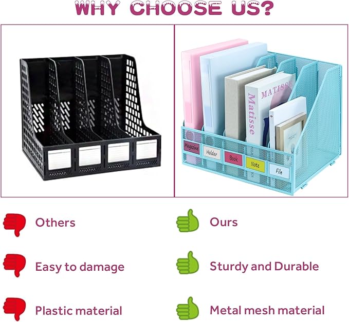 Desk Organizers, Metal Magazine File Holder with 5 Vertical Compartments Rack Binder File Organizer for Office Supplies, Home Workspace - Blue