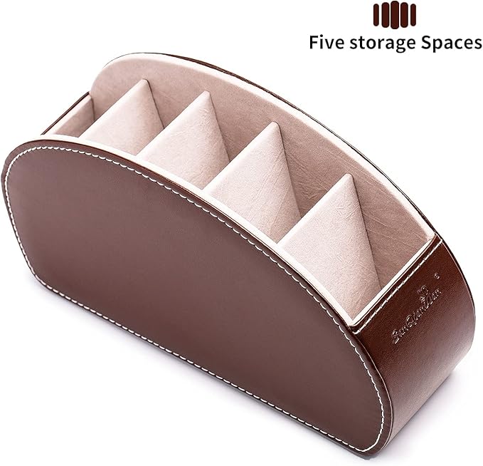 Remote Control Holder , PU Leather Organizer Box with 5 Compartments for Table Bed Office ,Remote Caddy Desktop Storage Home Accessories for Controllers , Media Player ,Make up Brush ,Pen (Brown-A)