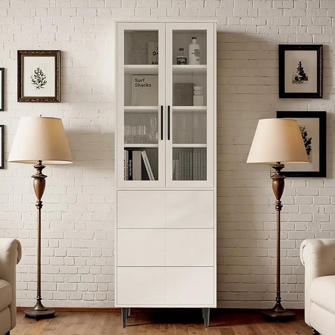TUSY 70.9“ H Book Shelf with Drawers, 7-Tier Bookcase with Glass Doors, Display Curio Cabinet, Office Storage Cabinet, Narrow Display Bookcase for Home, Office, Clinic, Pantry (White)