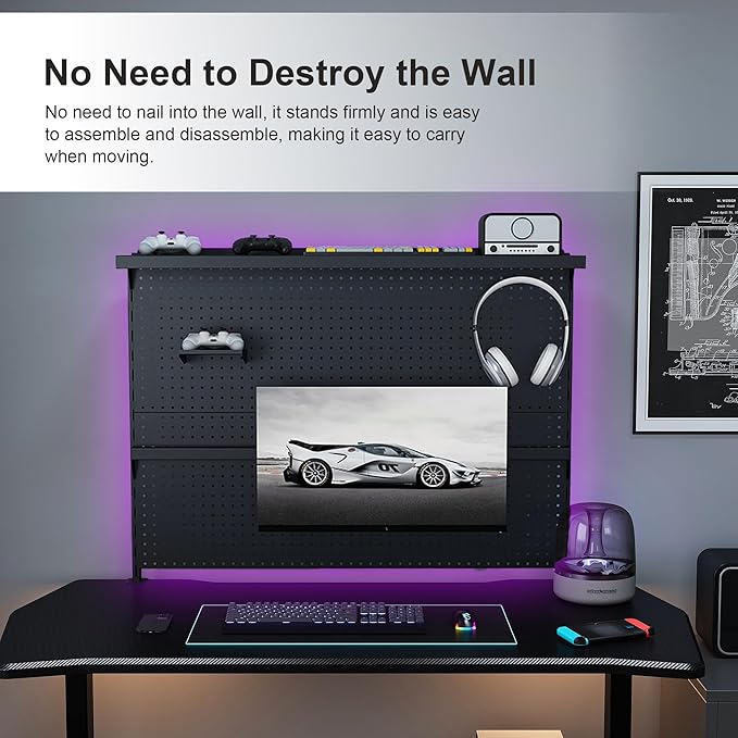 KEIKI Clamp-On Desk Pegboard with Single Monitor Stand, 43" x 35" Steel Peg Board Office Organizer with Hooks, Movable Panel & Shelf for Office Supplies, Gaming Setup & Desk Organization, Black