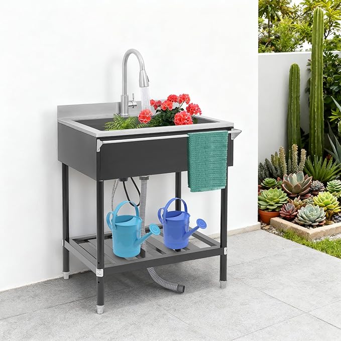 Stainless Steel Utility Sink, Free Standing Single Bowl Kitchen Sink with Pull-Out Cold/Hot Faucet, Storage Shelf & Splashback, Large Utility Sinks for Kitchen, Laundry, Garage 30.7"D x 22"W x 40.3"H