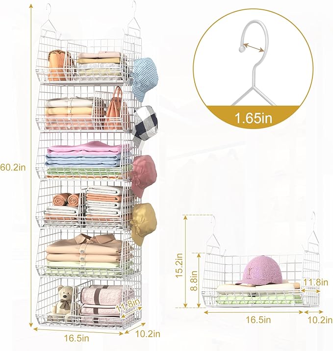 6 Tier Extra Large Hanging Closet Organizer, Closet Storage Hanging with Dividers, Wire Closet Shelf with 5 S Hooks 4 Dividers,Sweater Handbag Hat Accessory Storage Hanger,White