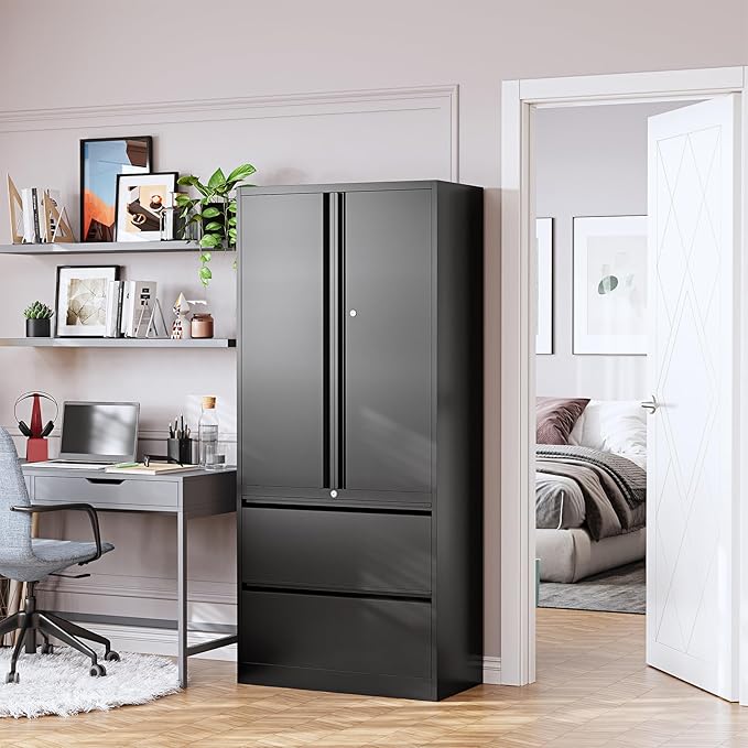 2-Drawer Metal File Cabinet, Lateral Vertical Filing Cabinets for Home Office, Locking File Cabinet with Storage Shelves, Legal/Letter/A4 Size Office File Cabinets (Black, Assemble Required)
