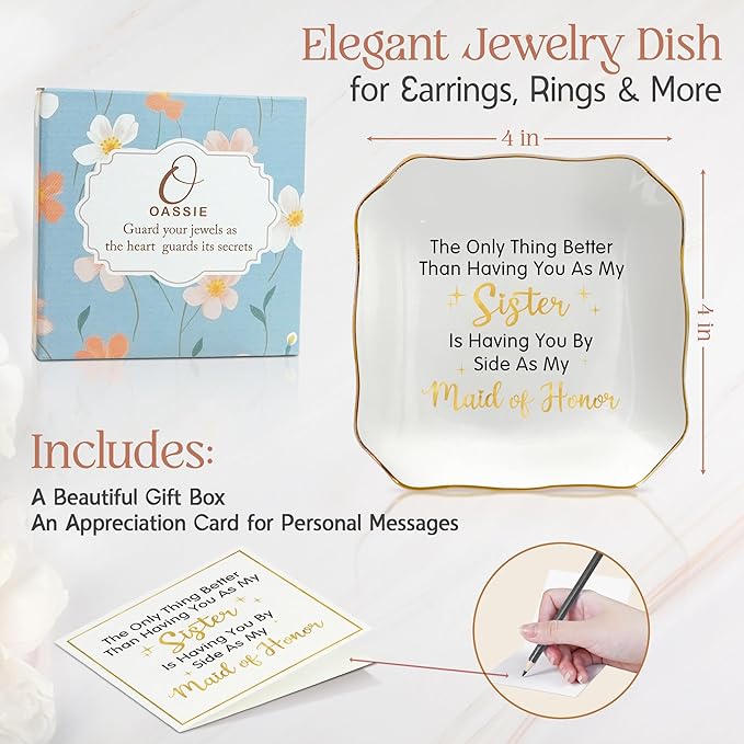 OASSIE Christmas Maid of Honor Gifts for Women - 4"x4" Ceramic Jewelry Dish Tray - Christmas Wedding Bridesmaid Gifts for Sister, Ring Holder for Women, Jewelry Tray for Maid of Honor Proposal
