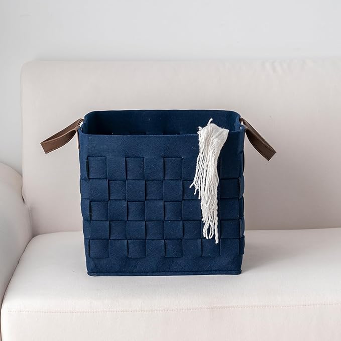 boldmonkey Storage Basket 3 Pack, 13" x13" x13 Large Blanket Baskets with Leather Handle, Cube Felt Fabric Storage Box for Shelves, Bedroom, Nursery, Living Room -Navy blue