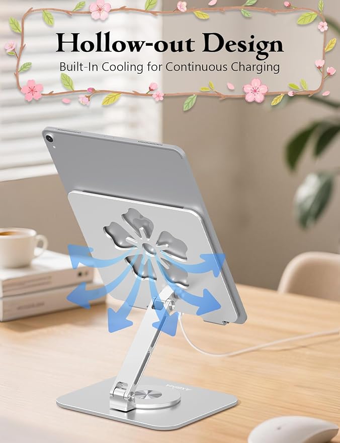 Tablet Stand for iPad, 360° Rotating Aluminum Foldable Holder – Adjustable Desk Stand | Fits iPad Pro 12.9/11,Samsung Galaxy Tab – Portable for Home, Office & Travel,Silver