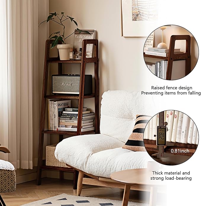 100% Solid Oak 4 Tier Ladder Shelf, Small Bookshelf, Ladder Bookshelf, Bookcase with Stable Frame, Small Table for Living Room Bedroom (Walnut,17.32" D x 16.53" W x 53.54" H)