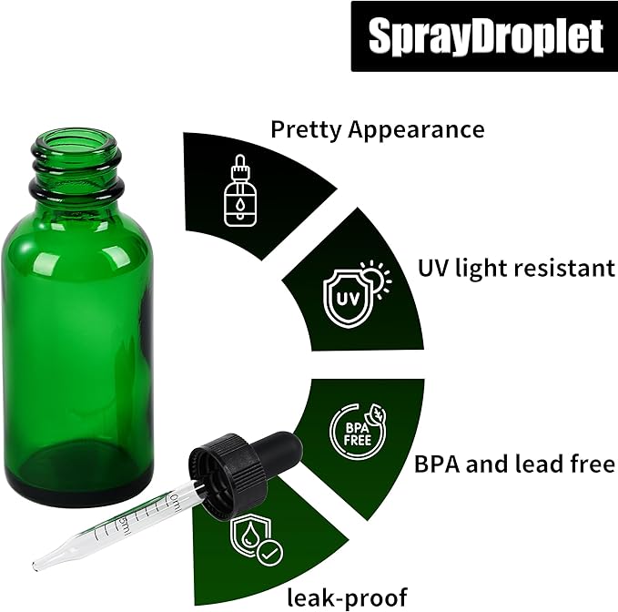 48 Pcs, 1oz Glass Dropper Bottle, Leakproof Tincture Bottles with Dropper, Green Reusable Eye Dropper Bottle for All Kinds of Liquids (Green, 1oz-48pcs)