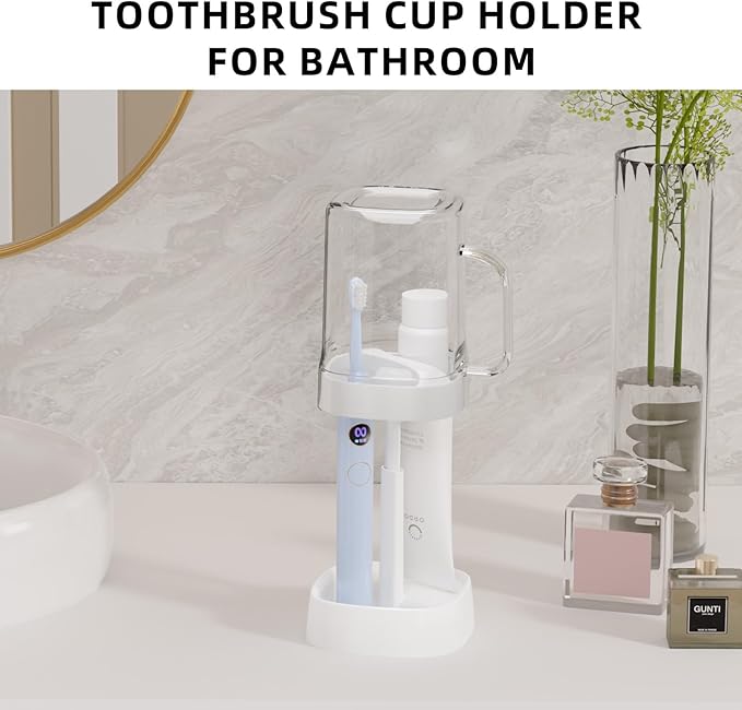 Toothbrush Holder with Cover/Cup, Bathroom Counter Organizer for Regular and Electric Toothbrushes and Toothpaste, Sleek Modern Bathroom Accessories, White