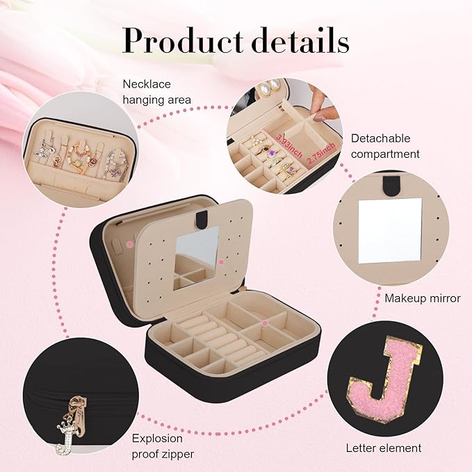 TopPerfekt Travel Jewelry Case, Jewelry Box with Mirror, Jewelry Organizer Bridal Shower Gifts to Her, Earring Storage Travel Case, Trendy Gift for Women and Girls, Girlfriend-Letter J, Black