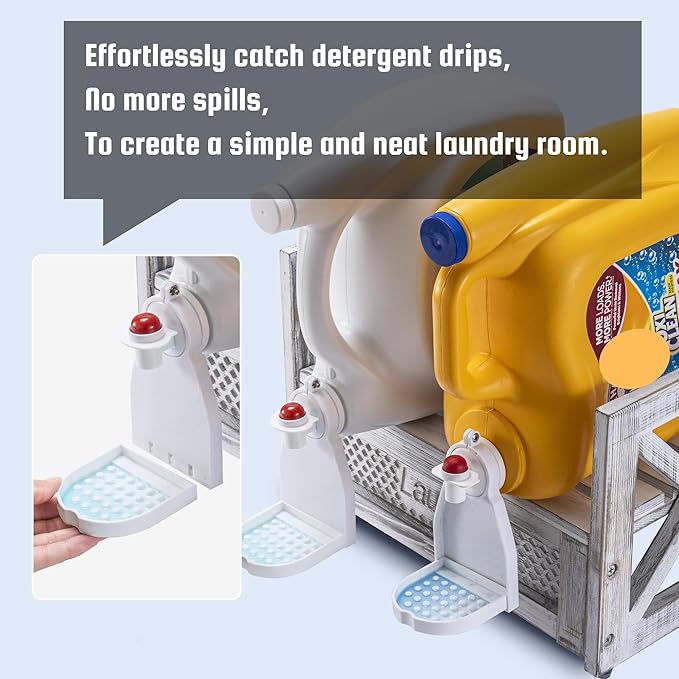 Besuerte Farmhouse Laundry Detergent Holder – Wooden Laundry Soap Organizer and Dispenser, Storage Shelf for Liquid Detergent & Fabric Softener Tubs, Rustic White