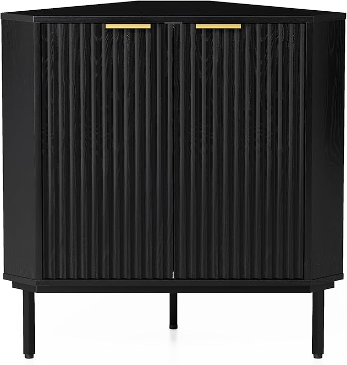 Fluted Corner Cabinet, Modern Small Corner Floor Cabinet with 2 Doors and 2-Tier Shelves, Freestanding Narrow Organizer for Living Room Kitchen Bathroom, Black