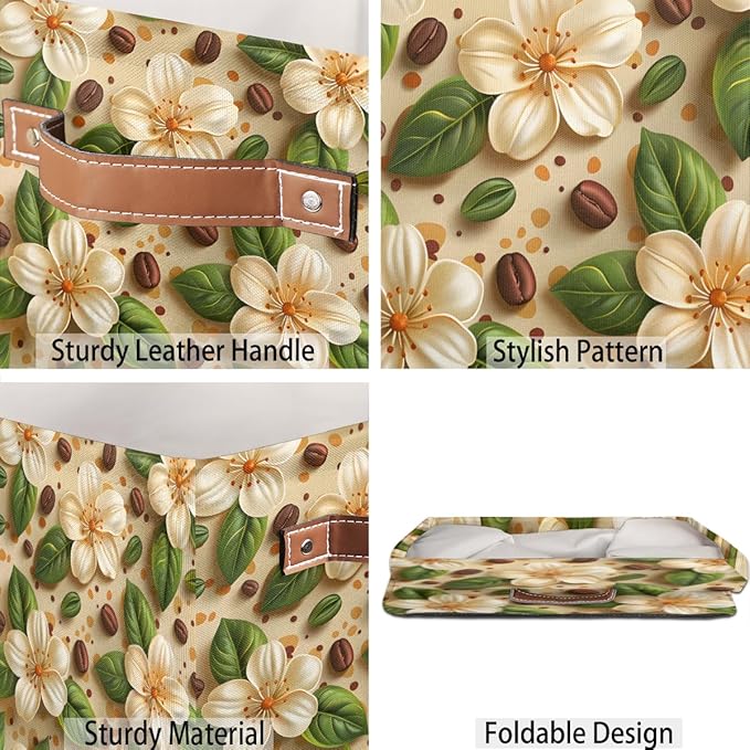TropicalLife 13x13x13 Inch Large Fabric Storage Cube Beige Floral Print Foldable Storage Bin with Handles Organizer Boxes Cube Basket for Shelves Organizing Closet