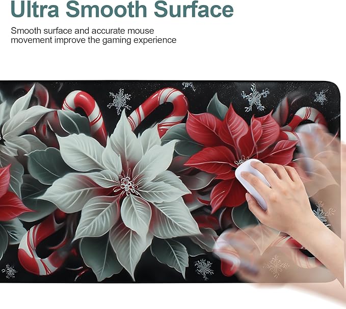 Christmas Flowers Gaming Mouse Pad 35.4"x15.7"Desk Mat Anti-Slip Rubber Base & Durable Stitched Edges for Gamers Smooth Mouse Writing Surface for Desk Office/Home