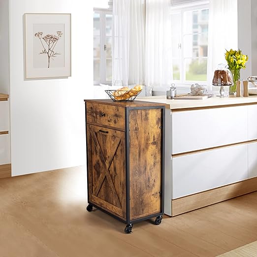 VINGLI 13 Gallon Tilt Out Trash Cabinet, Wood Hidden Trash Can Kitchen Cabinet with Drawer, Movable/Freestanding Pet Proof Storage Organizer, Laundry Basket Living Room Storage, Rustic Brown