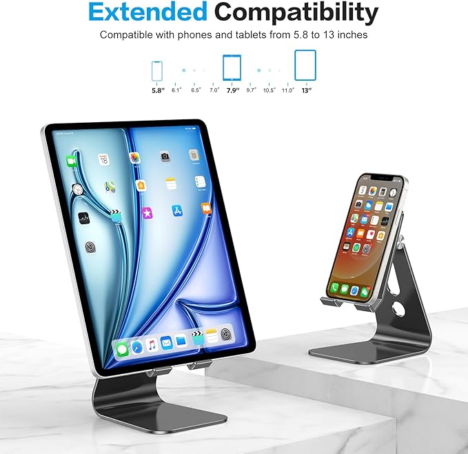 OMOTON Adjustable Tablet Stand for Desk, Upgraded Longer Arms for Greater Stability, T2 Tablet Holder with Hollow Design for Bigger Sized Phones and Tablets Such as iPad Pro/Air/Mini, Black