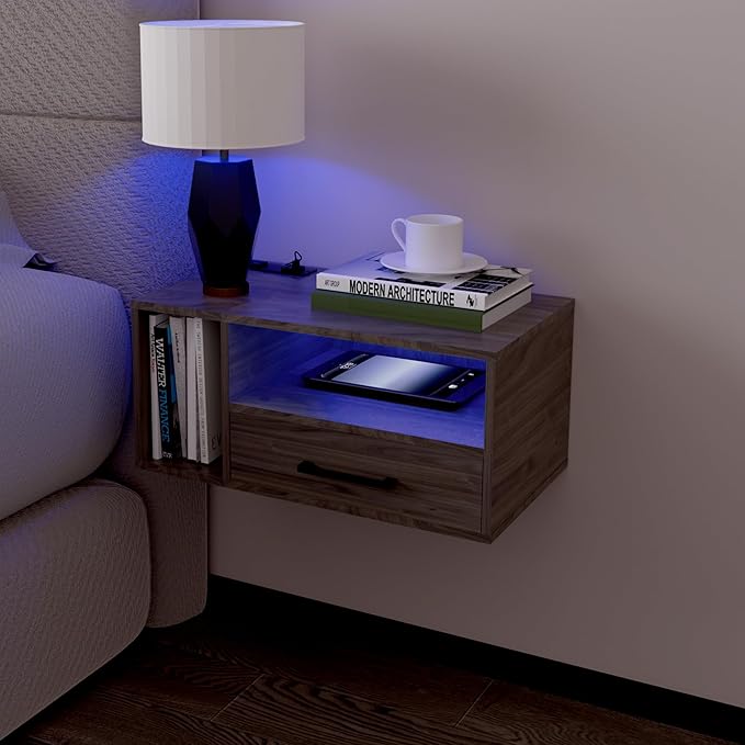 Homaterial Floating Nightstand with Charging Station and LED Lights, Floating Bedside Table with Drawers Wall Mounted Nightstands,for Bedroom Room, 21.3" x 11.8" x 10",Grayish Brown