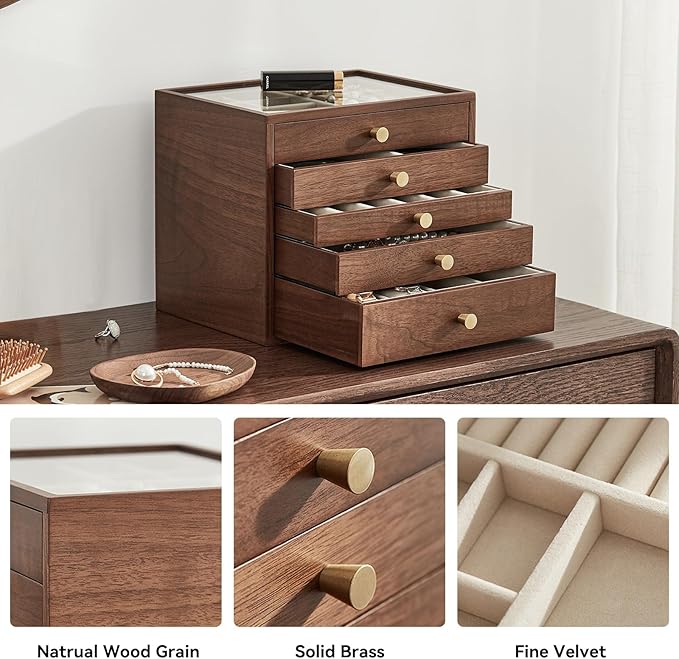 Black Walnut Wooden Jewelry Box Women large 5 Layer Drawer Wood Organizer Box with Glass Lid for Necklaces, Watch, Necklace, Ring, Earring Storage - Christmas Gifts
