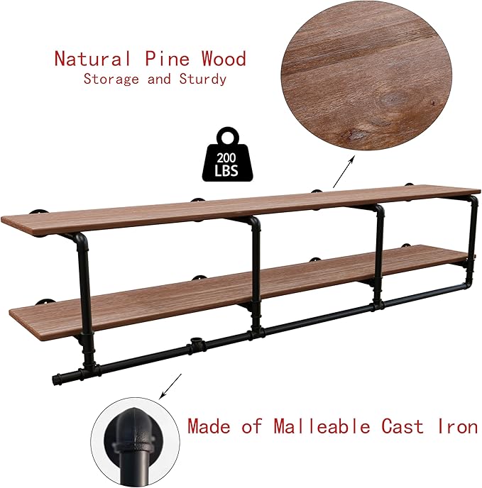 Clothes Rack 72in, Wall Mounted Garment Rack with Real Wood Shelf, Heavy Duty Hanging Clothes Rack, Multi-Purpose Hanging Rod, Space-Saving Closet Storage (2T72in)