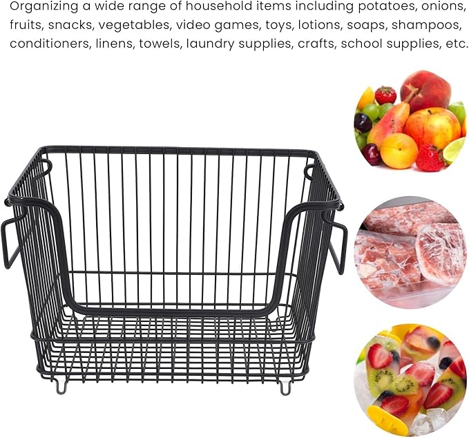 Tyenaza Freezer Organizer Bin Keep Tidy Metal Stackable Fruits Meat Wire Basket for Kitchen Home Use L Black