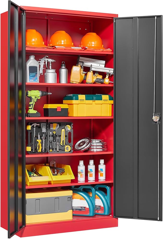Letaya Metal Storage Cabinets with Lock, 71" Tall Locker Organizer Steel Cabinets, Adjustable Shelves 2 Doors for Home, Office, Warehouse,Garage,Industrial,Employee Lockers (Style B, Black Red)