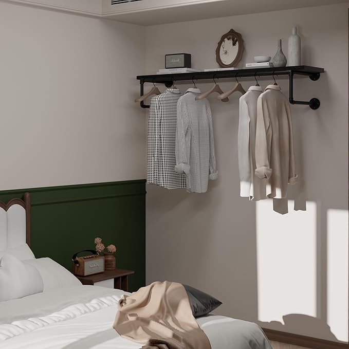 Clothes Rack 48in, Wall Mounted Garment Racks with Real Black Wood Shelf, Heavy Duty Hanging Clothes Rack, Multi-Purpose Hanging Rod, Space-Saving Closet Storage