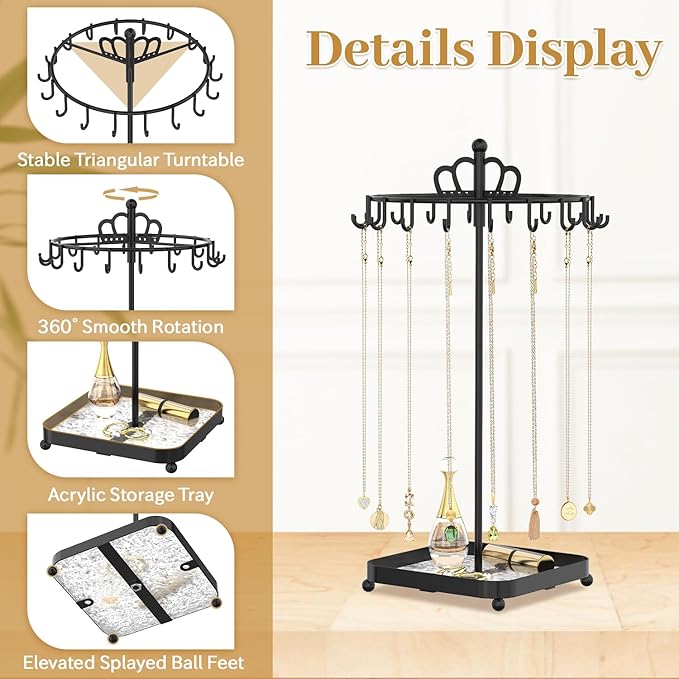 MODOWEY Rotating Metal Necklace Holder Organizer Stand with Acrylic Tray, 18 Hooks Small Jewelry Display Tree for Pendant Bracelet Storage, Compact Chain Hanger Rack for Women Men Space Saving, Black