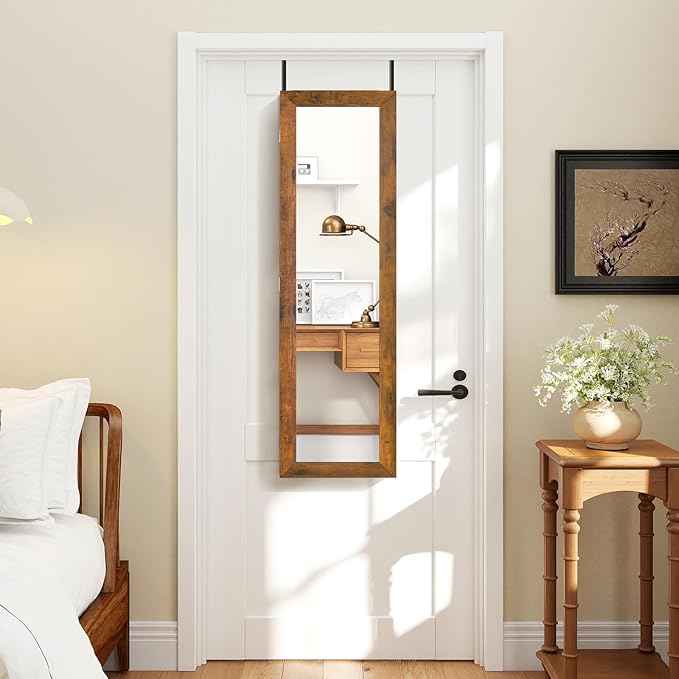 Giantex Wall Mounted Jewelry Cabinet with Full Length Mirror, Over The Door Jewelry Armoire Organizer with Large Storage, Makeup Mirror & Velvet Lining (Rustic Brown)