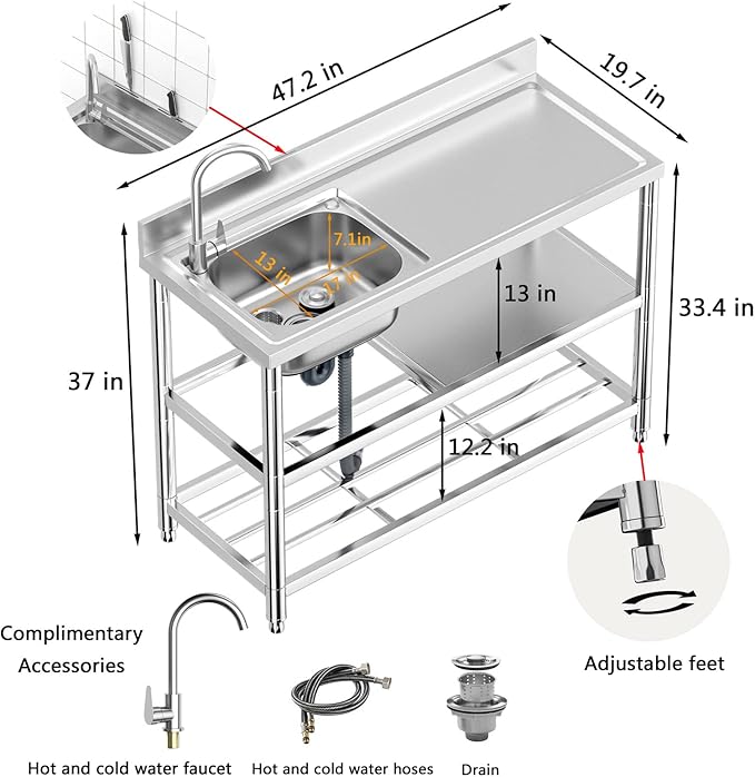 Free Standing Stainless-Steel Single Bowl Commercial Restaurant Kitchen Sink Set w/Faucet & Drainboard, Prep & Utility Washing Hand Basin w/Workbench & Double Storage Shelves Indoor Outdoor (47in)