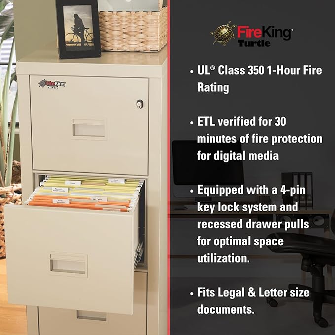 FireKing Turtle Vertical 2 Drawer Legal and Letter Fire Safe File Cabinet with Key Lock, 1 Hour Fire Rated, UL Rated & Water Resistant Home Safe, Filing Cabinet, Made in The USA, Arctic White