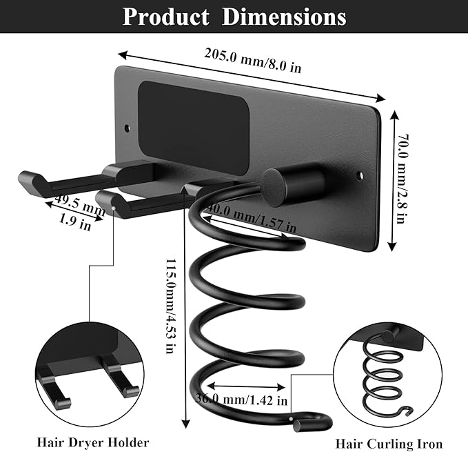 Tindbea Hair Dryer Holder + Curling Iron Holder,Blow Dryer Holder Wall Mount, Bathroom Hair Tool Organizer Rack for Universal Dryer Matte Black