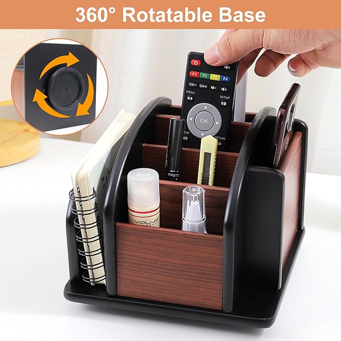Coideal Remote Control Holder Caddy - Wooden Rotating Coffee Table Organizer Large Spinning Wood Remote Holder for Living Room Office (6 Compartments, Brown & Black)