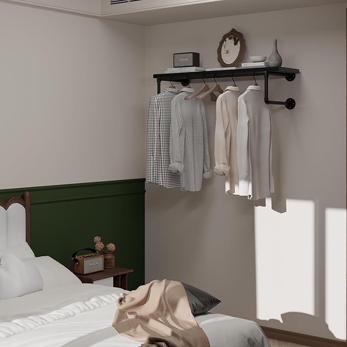 Clothes Rack 36in, Wall Mounted Garment Racks with Real Black Wood Shelf, Heavy Duty Hanging Clothes Rack, Multi-Purpose Hanging Rod, Space-Saving Closet Storage