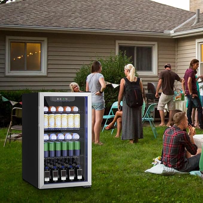 Compact 126 Can/3.2 Cu.Ft Mini Fridge For Soda, Beer Or Wine, Portable Small Beverage Refrigerator With Digital Display&Removable Shelves &Reversible Glass Front Door For Office, Dorm, Bar