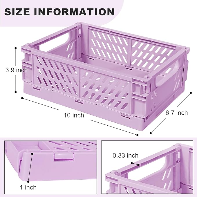 Pastel Plastic Storage Baskets 2 Pack, Collapsible Crates for Organizing, Space-Saving Bins for Kitchen, Office, Bedroom (Purple, Medium:9.8" x 6.5" x 3.8")
