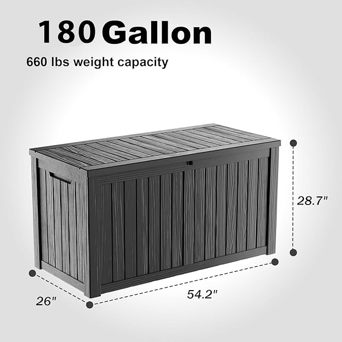 180 Gallon Large Deck Box,Resin Outdoor Storage Box with Lockable for Patio Furniture, Pool Accessories, Garden Tools Waterproof Outside Storage Box, Black