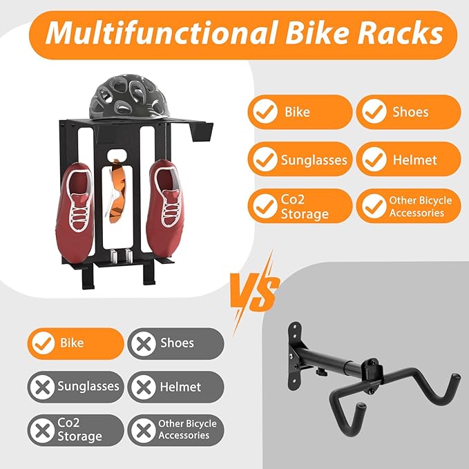 Bike Wall Mount Rack, Wall Bike Rack with Shelf and Hooks, Bike Storage Wall Mount System For Race Bicycles and Mountain Bikes, Space Saving Wall Mounted Hanger for Garage, Store your helmet and shoes