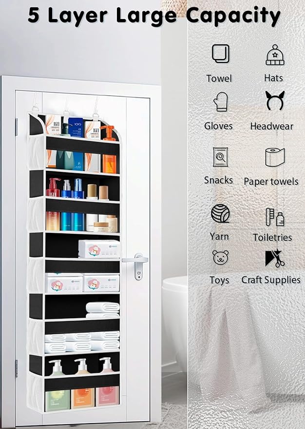 1 Pack Over The Door Storage Organizer with 5 Pockets 10 Mesh Side Pockets, 44 lbs Weight Capacity Door Hanging Organizers and Storage for Bedroom,Bathroom,Nursery,Pantry,Dorm(Black)