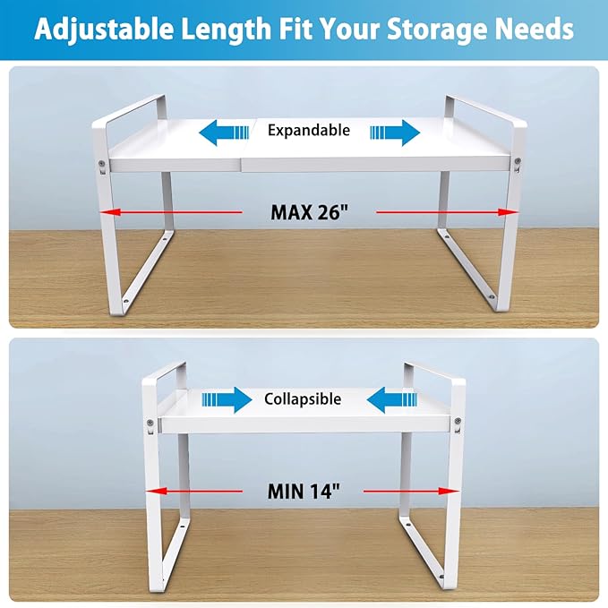 Expandable Cabinet Shelf Organizer 14-25 Inch Adjustable Length, 11" Wide 2-Tier (8" Bottom Layer) Metal Storage Rack for Kitchen Pantry, Under Sink Countertop - Heavy Duty White(1 Pack)