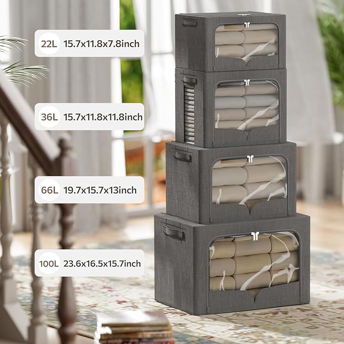 FHSQX 3 Pack Clothes Storage Bins Foldable Metal Frame Storage Box Stackable Linen Fabric Organizer Set with Carrying Handles and Clear Window (Dark Gray, 15.7x11.8x7.8inch(22L))