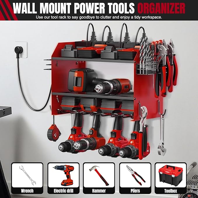 Modular Power Tool Organizer Wall Mount with Charging Station, 4-Layer Heavy Duty Drill Holder Rack & 8-Outlet Power Strip for Garage Workshop Storage