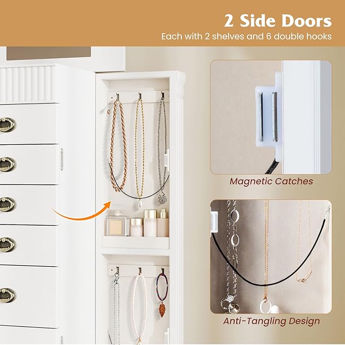 Giantex Standing Jewelry Cabinet with 7 Drawers, Flip-Top Mirror, 2 Side Doors with 12 Necklace Hooks, Divided Ring Compartments, Velvet-Lined Jewelry Armoire Organizer Chest (White)