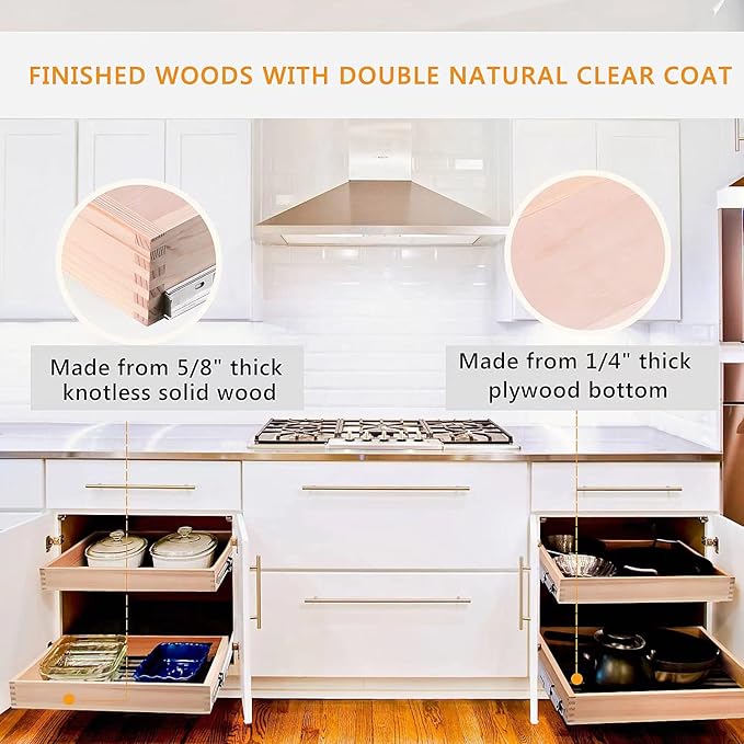 16”W x 21”D x 3‘’H Soft Close Slide Out Wood Drawer Organizer for Kitchen, Finished, (Cabinet Opening>17.5 inches for Bottom Assembly, Opening= 17 inches for Side Assembly)