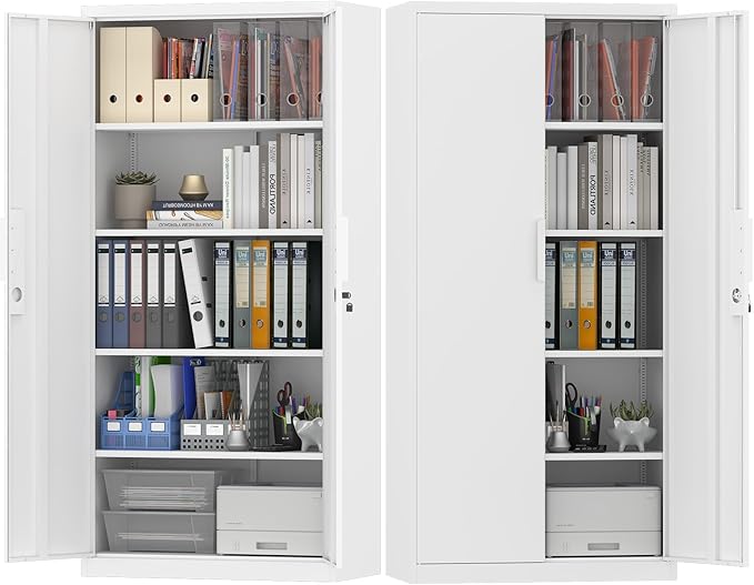 Metal Locking Cabinet, 71" H Metal Garage Cabinets with Adjustable Shelves, Heavy Duty Tall Cabinet for School/Office/Home, Large Storage Cabinet with Doors and Keys, White