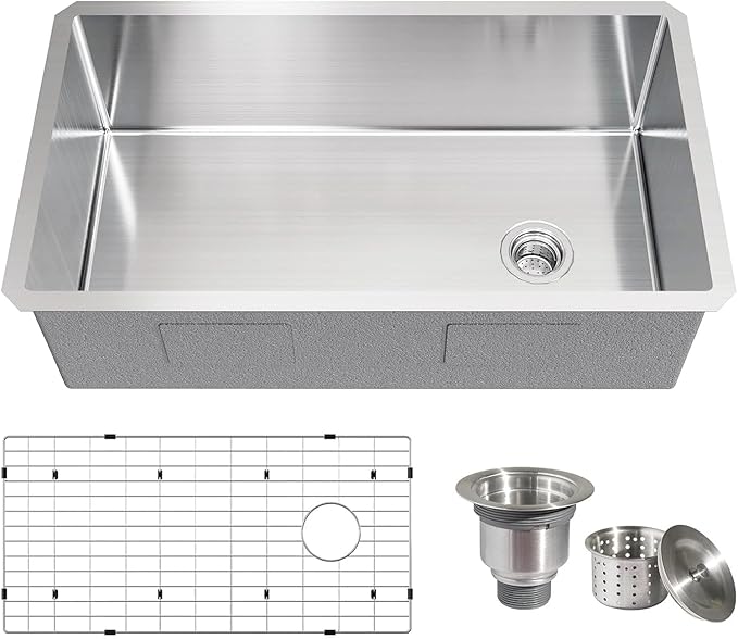 32 Inch Undermount Kitchen Sink, TECASA 18-gauge Stainless Steel Single Bowl Deep Basin Large Utility Sink with Grid and Strainer (32" x 18" x 10")