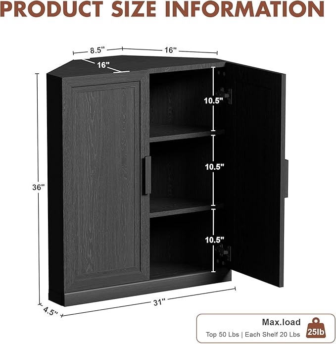 Casaphoria Farmhouse Corner Cabinet, Wooden Corner Storage Cabinet with Adjustable Shelves, Narrow Storage Organizer for Small Space, 36" H x 31" W x 16" D, 51Lb, Black